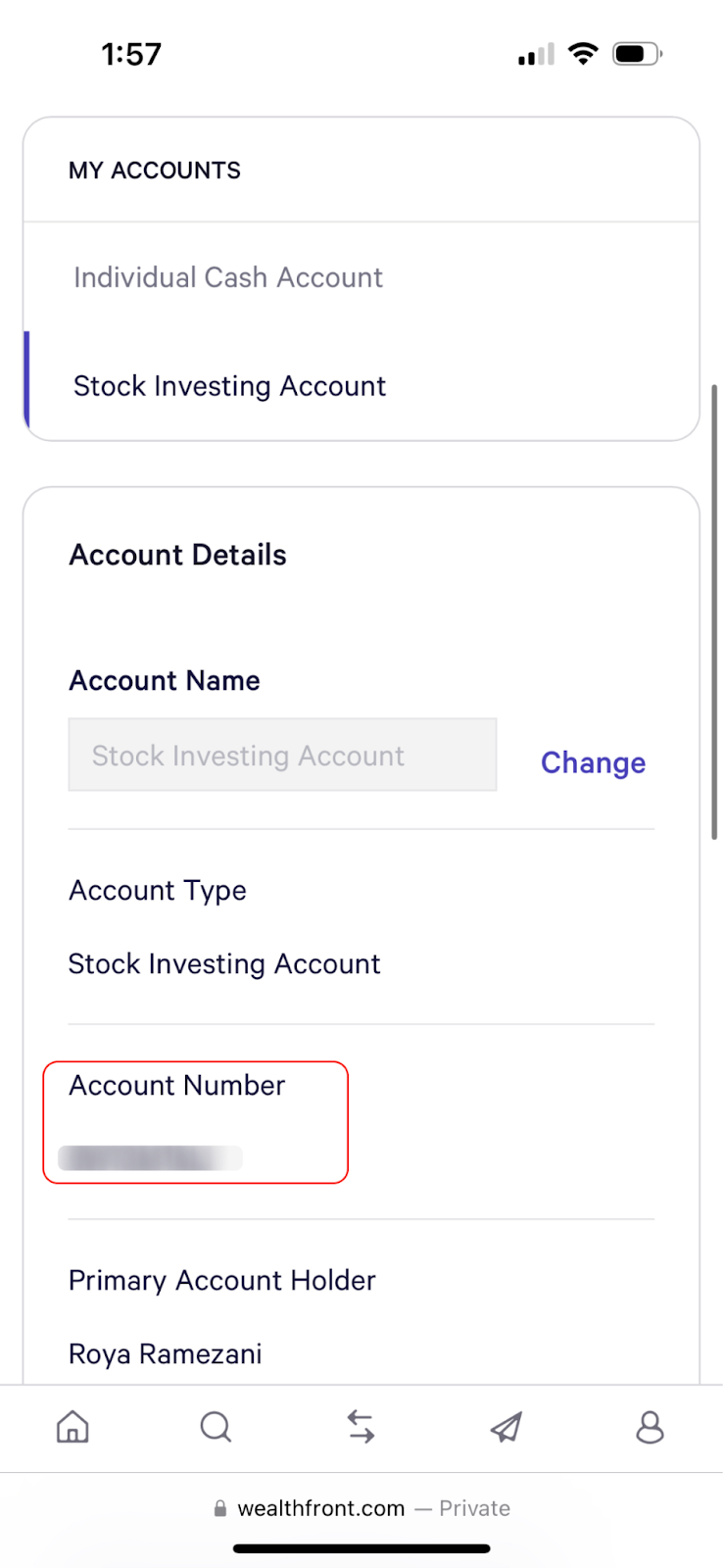 Image from "How to find your Wealthfront account number"