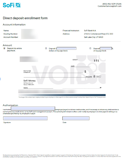 Image from "How do I manually set up direct deposit for SoFi Money? (Direct deposit form)"