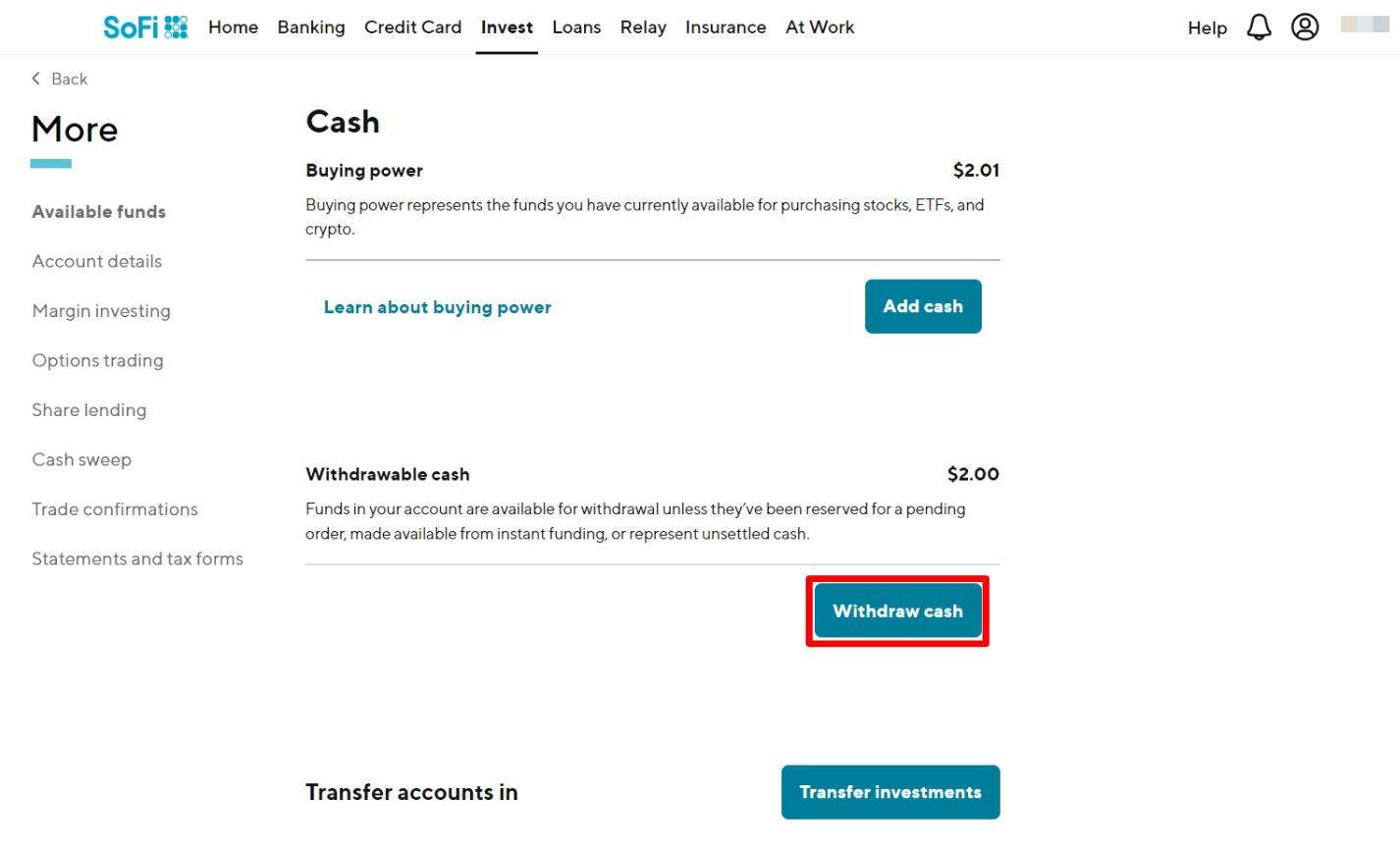 Image from "How do I withdraw cash from my SoFi Self-Directed account?"
